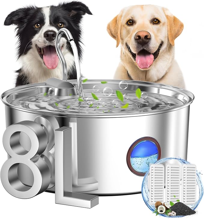 subteenmate Dog Water Fountain for Large Dogs- 8L/270oz Stainless Steel Dog Fountain Dispenser Automatic Pet Water Bowl with Ultra-Quiet Pump/Quadruple Filtration for Large Pups Cats & Multi-Pet