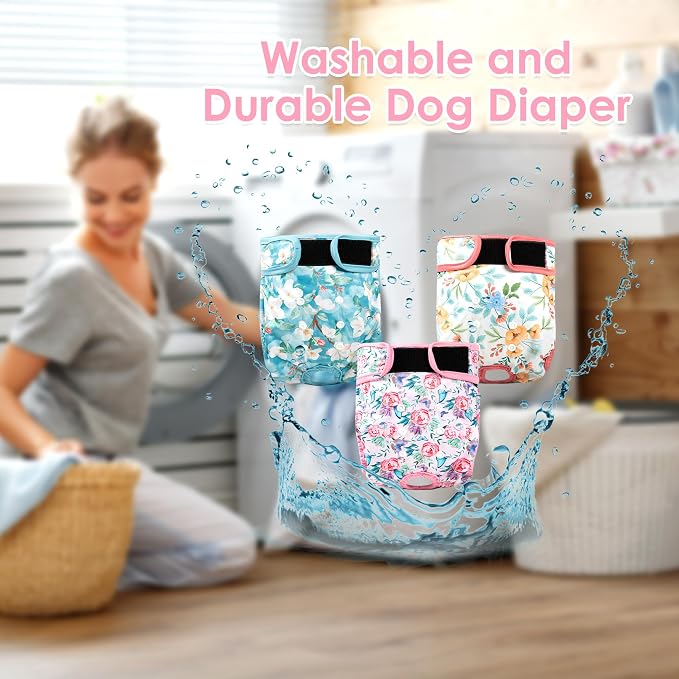 3Pack Reusable Dog Diapers Female,Washable Diaper for Doggie,Highly Absorbent Dog Diaper,Adjustable Leakproof Puppy Girl Dog Diapers for Heat,Incontinence,Period Doggy Nappies S