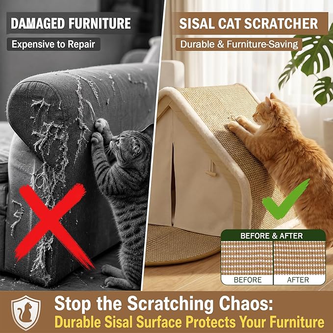 Cat Houses for Indoor Cats with Natural Sisal Scratcher Mat,Curtains,Bed and Floor Rug–Solid Wood Frame Cat Cave,Cat Scratch House