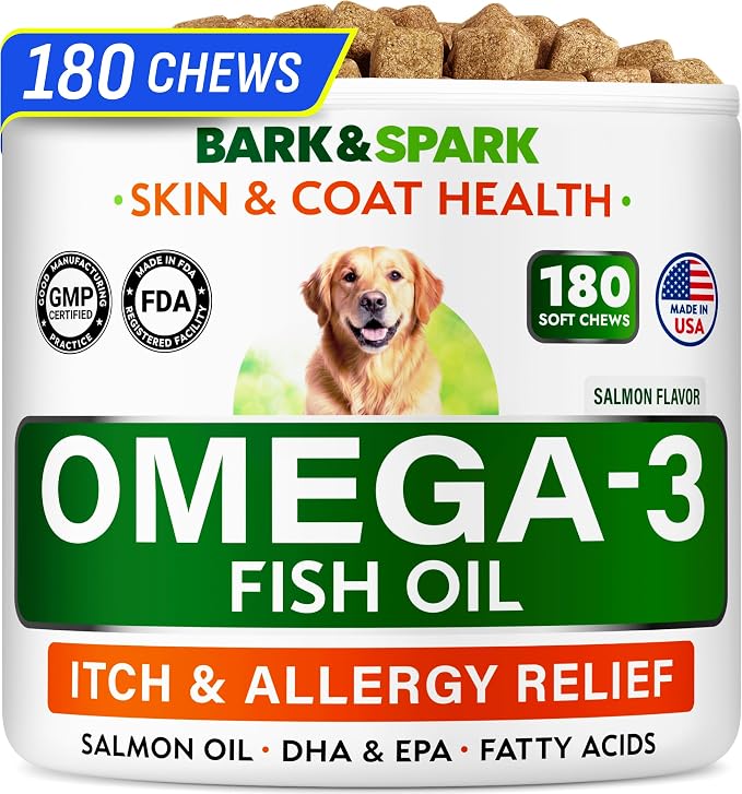 BARK&SPARK Omega 3 for Dogs and Cats-180 Fish Oil Treats for Dogs & Cats Shedding, Skin Allergy, Itch Relief, Hot Spots Treatment-Joint Health-Skin and Coat Supplement-EPA & DHA Fatty Acids-Salmon Oil