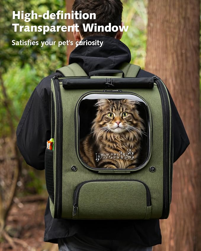 Pecute Cat Backpack Carrier XL, Large Space Cat Bubble Backpack, Breathable Cat Carrier, Shaded Dog Backpack Carrier, Ergonomic 3D Design for Travel, Hiking, for Medium Dogs up to 15lbs, Green
