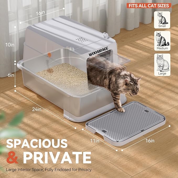 Wooaidagg Enclosed Stainless Steel Cat Litter Box with Odor Control, Modular Design with Drawer and Flip Door, Easy to Clean and Wash,Non-Stick Interior,Extra Large Size Fits All Cats(Light Grey)
