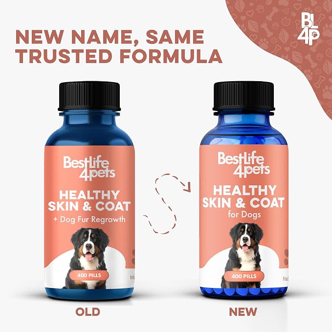 Natural Dog Skin and Coat Supplement – Gentle Itch Relief with Dry Skin, Rash, or Allergy Symptoms – Dog Shedding Supplement for Promoting Hair Regrowth – 400 Tiny Odorless Pills