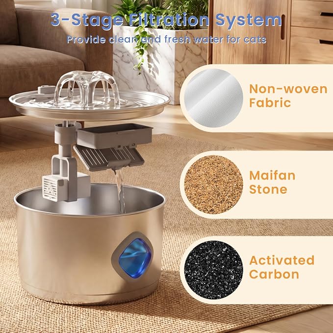 Stainless Steel Cat Water Fountain, 95oz/2.8L Automatic Cat Water Dispenser with 3 Replacement Filters, Pet Fountain for Cats Dogs Indoor, Water Level Window, Quiet Water Pump