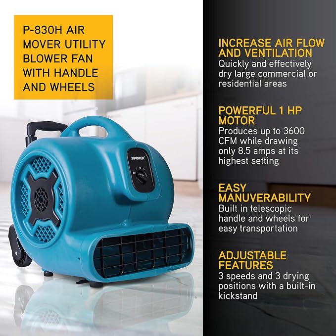 XPOWER P-830H Pro 1 HP 3600 CFM Centrifugal Air Mover, Carpet Dryer, Floor Fan, Blower, Telescopic Handle and Wheels, for Water Damage Restoration, Janitorial, Plumbing, Home Use