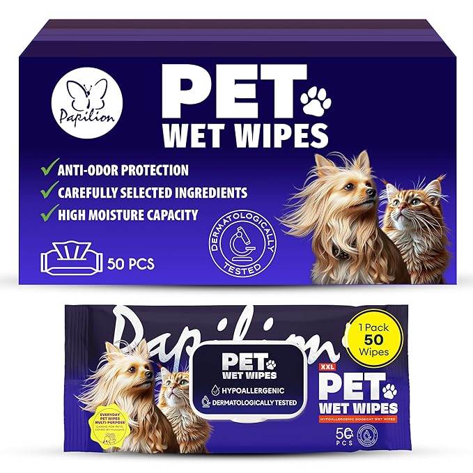 Papilion Pet Wipes for Dogs & Cats, Gentle Grooming & Cleaning Wipes, Safe for Paws, Coat & Face for Daily Use, Paraben-Free, Extra Large All-Purpose Wipes, Flip-Top Pack, 50 Count