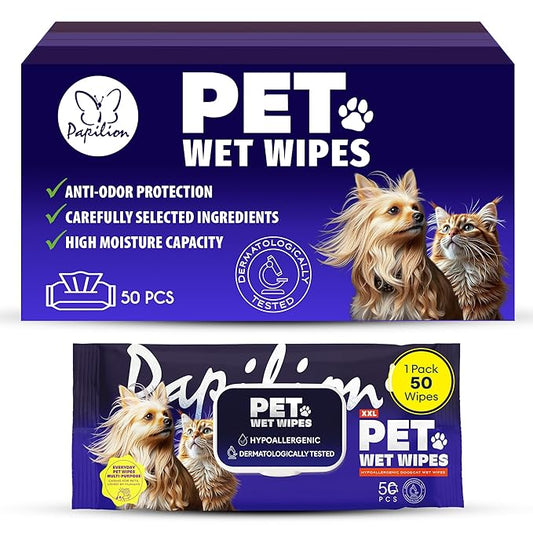 Papilion Pet Wipes for Dogs & Cats, Gentle Grooming & Cleaning Wipes, Safe for Paws, Coat & Face for Daily Use, Paraben-Free, Extra Large All-Purpose Wipes, Flip-Top Pack, 50 Count