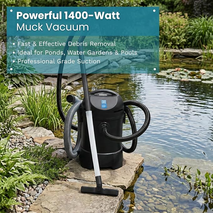 Half Off Ponds CleanSweep 1400 Pond Vacuum with a 13' Intake Suction Hose, 4 Extension Tubes, 3 Vacuum Nozzles, a 6.5 Foot Output Hose, and a Debris Collection Bag | 13 ft intake hose, 6.5 ft output hose, 4 extension tubes, 3 nozzles, Debris collection...