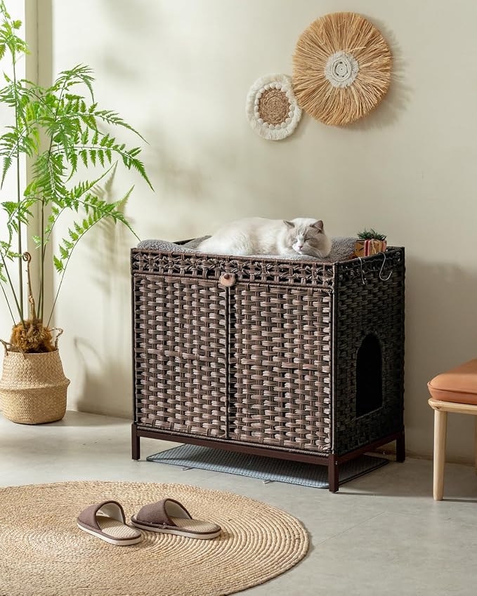 SETVSON Cat Litter Box Enclosure Furniture, Hidden Handwoven Rattan Litter Box with Mat, Large Cat House with Metal Heightened Feet, 30.3 x 18.3 x 28 Inches, Indoor for Living Room, Bedroom Brown