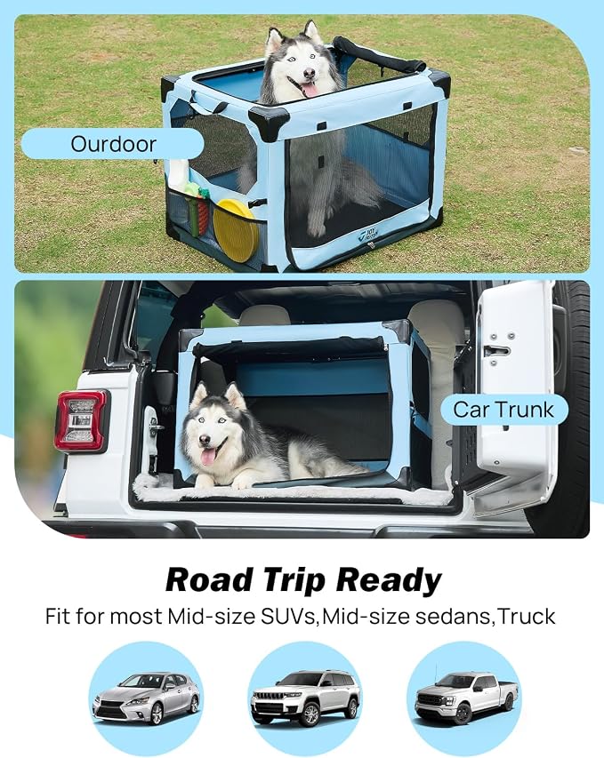 JOYTUTUS 32 Inch Collapsible Dog Crate, Steel Frame 8-Bar Foldable Soft Kennel, Portable Travel Crate for Large Dog Up to 51lbs, Oxford Cat Carrier Fit for Car Travel Indoor Outdoor
