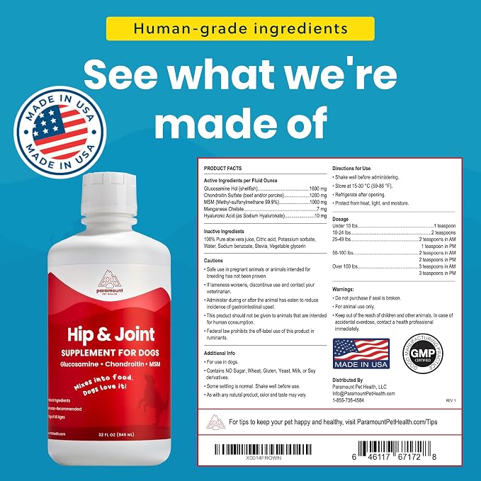 Paramount Pet Health Liquid Glucosamine for Dogs, 1600 mg Glucosamine for Dogs Hip & Joint Supplement, Ideal for Mobility & Comfort, Easy-to-Use Liquid MSM, Chondroitin, Made in USA, 32 oz