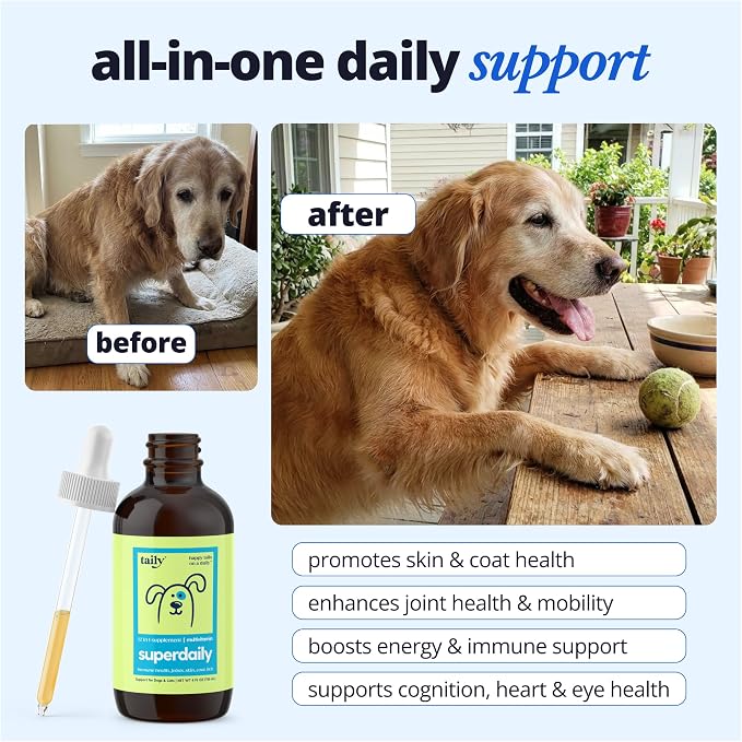 Taily Multivitamin with Liquid Collagen for Dogs and Cats – 12-in-1 Super Daily Formula for Joint, Gut, Allergy, Immune, Skin, Coat, and Urinary Tract Support - Liquid Collagen, Glucosamine for Dogs