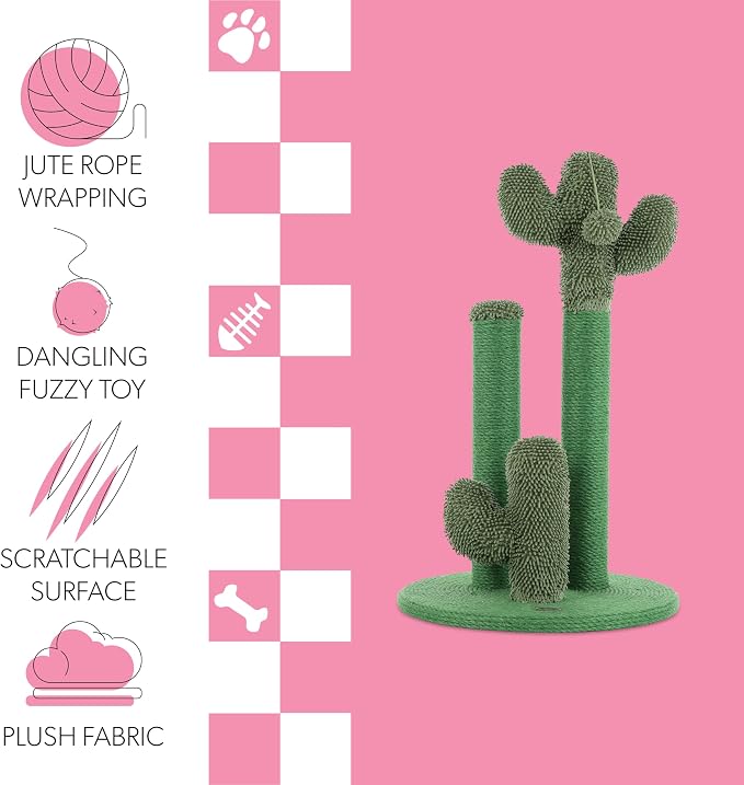 25.25" Modern Jute Triple-Cactus Cat Scratching Post Green | Toy Included, Plush Fabric, Scratchable Surface