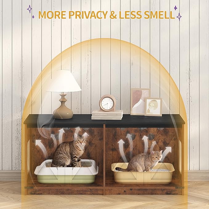 Hzuaneri Cat Litter Box Enclosure for 2 Cats, Hidden Litter Box Furniture Cabinet with Double Room, Indoor Cat House, Farmhouse Style, 46.7 x 18.9 x 21.1 Inches, Rustic Brown CB85301X