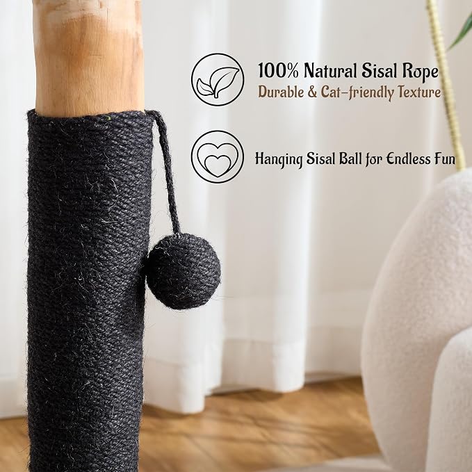 29" Tall Solid Wood Cat Scratching Post for Indoor Cats, Extra Stable Heavy Base, Natural Sisal Scratcher with Hanging Ball, Furniture Protector for Kittens & Adult Cats, Beige