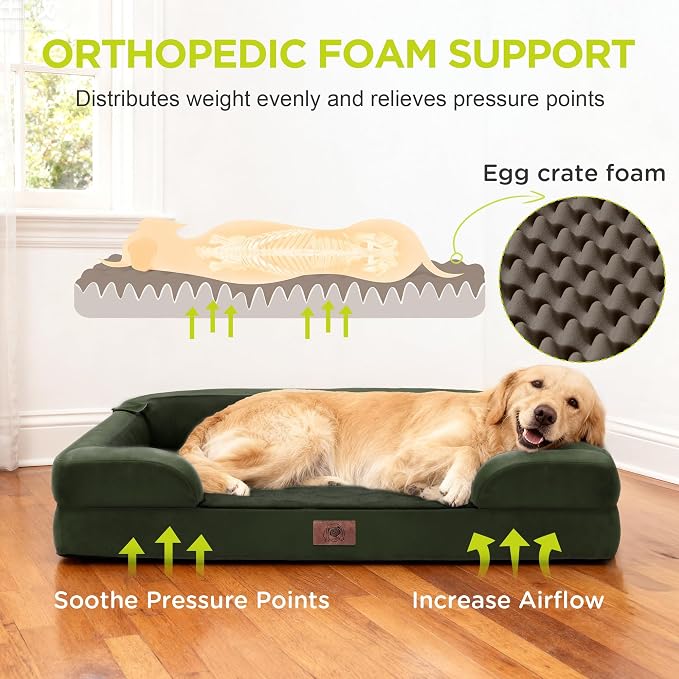 Orthopedic Memory Foam Dog Bed, 42 x 30, Waterproof for Large Dogs | Removable, washable cover • Waterproof memory foam liner • Bolstered couch design for joint relief • Includes tennis ball toy