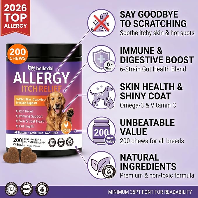 Dog Allergy Chews 200ct - Seasonal Allergy & Itching Skin Relief for Dogs - Soft Chews with Colostrum, Probiotics & Omega 3 for Licking Paws, Hot Spots & Immune Support - Chicken Flavor (14.1 OZ)