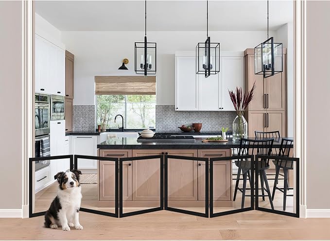 LZRS Extra-Wide Clear Dog Gate for Indoor Use - Transparent Pet Fence with Solid Hardwood and Plastic Board, Stylish & Durable freestanding Pet Gate for Doorways, Stairs and Hallways-6 Panel Black