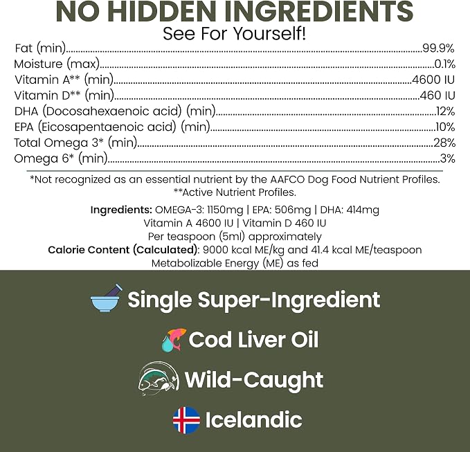 Pure Cod Liver Oil for Dogs - 8 oz - Contains Omega 3, Omega 6, Vitamin A, and Vitamin D to Reduce Itching and Promote Skin and Coat, Heart, Joint, and Immune Health