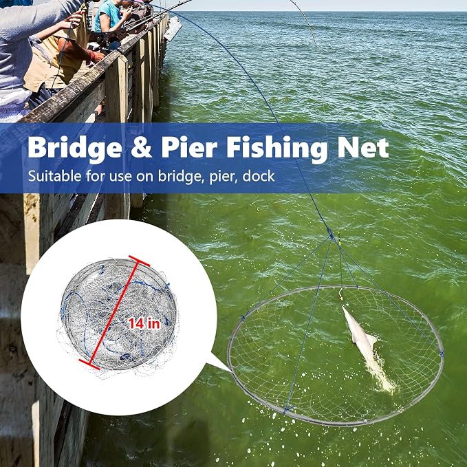 QualyQualy Large Bridge and Pier Fishing Net 32''/39'' Hoop, Foldable Drop Net Pier Fishing for Saltwater with Rope, Landing Net with Nylon Mesh, Collapsible Soft Steel Ring