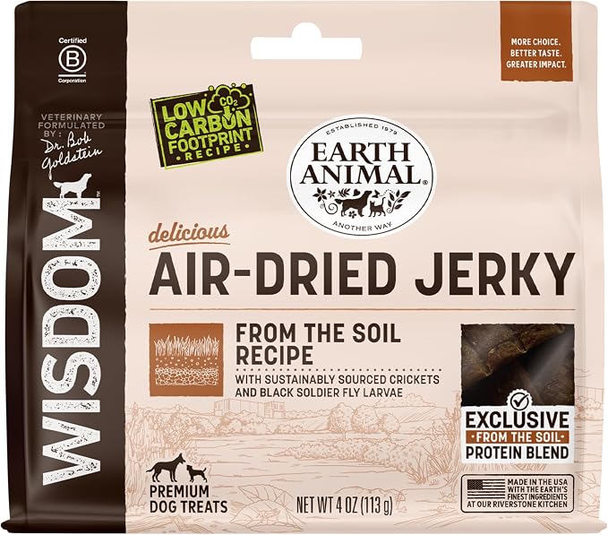 Earth Animal Wisdom Air Dried Jerky - From the Soil Recipe Premium Natural Insect Based Jerky Strips Dog Treats - 4 oz Bag