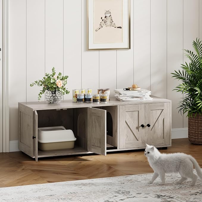Garvee Cat Litter Box Enclosure for 2 Cats, Hidden Litter Box Furniture Cabinet with Double Room, Double Cat Litter Box Enclosure, Indoor Cat House, 43.4 x 18.1 x 17.7 Inches