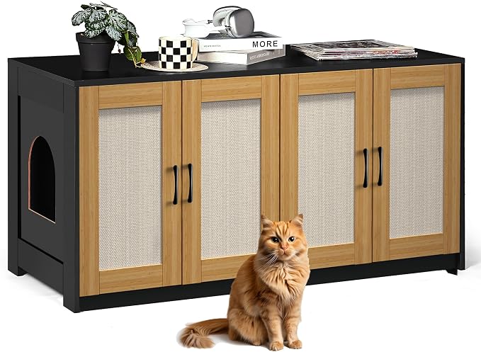Double Room Litter Box Enclosure For 2 Cats, 47.2" Large Wood Hidden Litter Box Furniture For 2 Boxes with Sisal Doors and Sliding Drawers, Indoor Cat House TV Stand Black