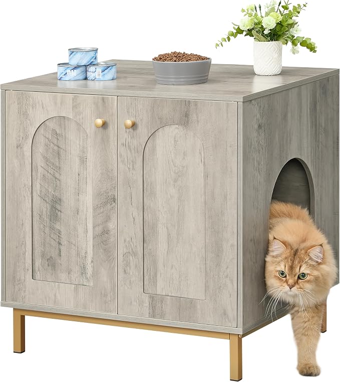 Hzuaneri Cat Litter Box Enclosure, Hidden Litter Box Furniture Cabinet, Wooden Indoor Cat House, Side End Table, Living Room, Bedroom, Greige and Gold CB81205G