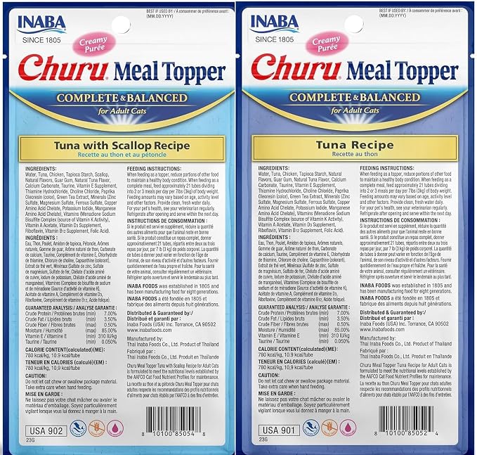 INABA Churu Meal Topper for Cats, Complete & Balanced, Creamy, Lickable Purée Cat Food Topper, 0.5 Ounce Tube, 48 Tubes (4 per Pack), 2 Flavor Variety Pack