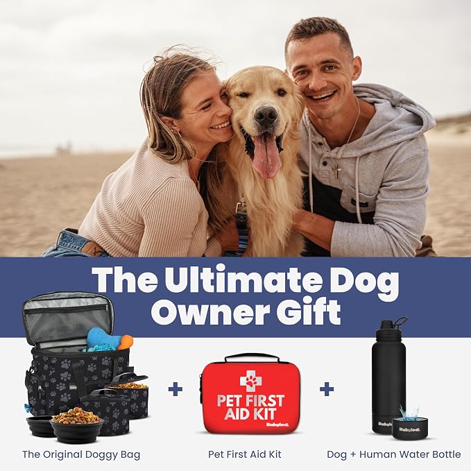 Rubyloo Original Doggy Bag (Paw Print) & 32oz Insulated Water Bottle with Attached 8oz Bowl (Dog Dad) – Dog Travel Bag & Hydration Set