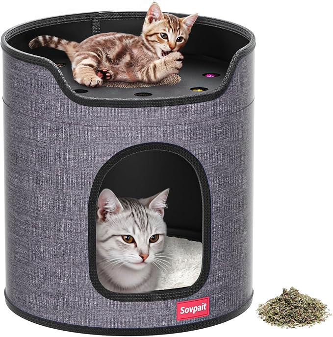 Cat House for Indoor Cats,Large Double Cat Beds Cave with Cat Scratcher Pad Toys w/Catnip,Soft Washable Cushion Cat House Shelter D15xH15in (Classy Grey Cardboard Cat Scratcher)