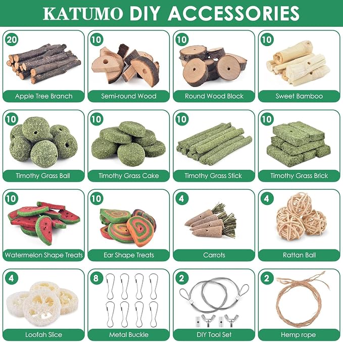 KATUMO Rabbit Chew Toys, 134 PCS DIY Hamster Chew Toys Kit Bunny Teeth Care Molar Ideal for Rabbit, Guinea Pig, Chinchilla, Hamster, Squirrel, Gerbils Etc Small Rodent Pets' Teeth Grinding
