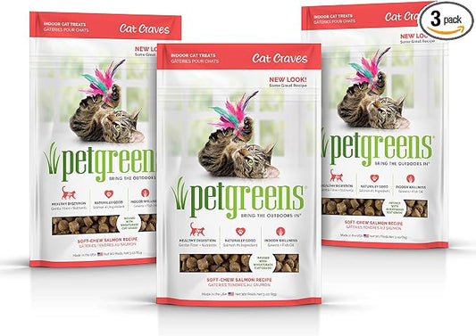 Pet Greens Soft-Chew Indoor Cat Treats Infused with Cat Grass - 3 Pack Salmon 3oz per Pack