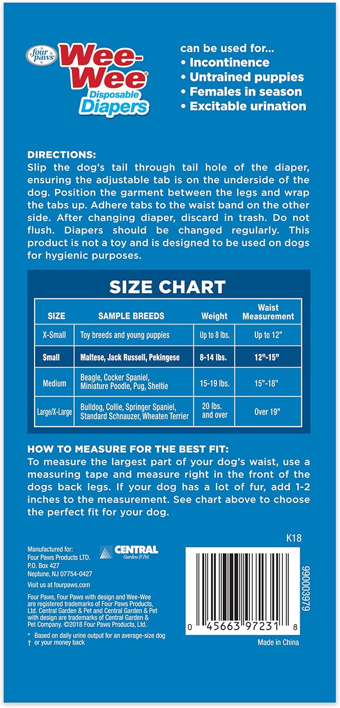 Four Paws Wee-Wee Super Absorbent Disposable Adjustable Dog Potty Training Diapers, Leak-Proof Protection for Dogs, Size Small, 12" - 15" Waist, 12 Count