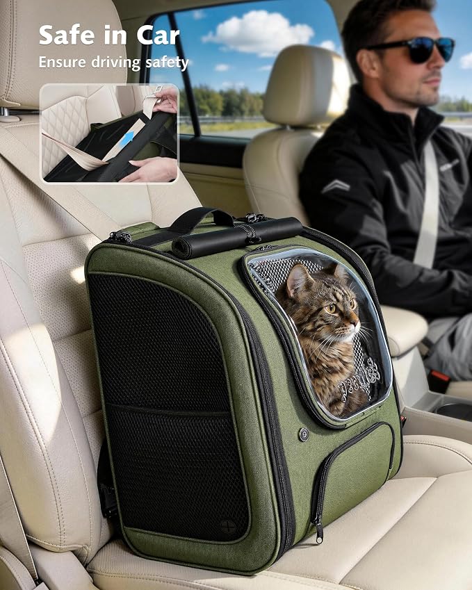 Pecute Cat Backpack Carrier XL, Large Space Cat Bubble Backpack, Breathable Cat Carrier, Shaded Dog Backpack Carrier, Ergonomic 3D Design for Travel, Hiking, for Medium Dogs up to 15lbs, Green