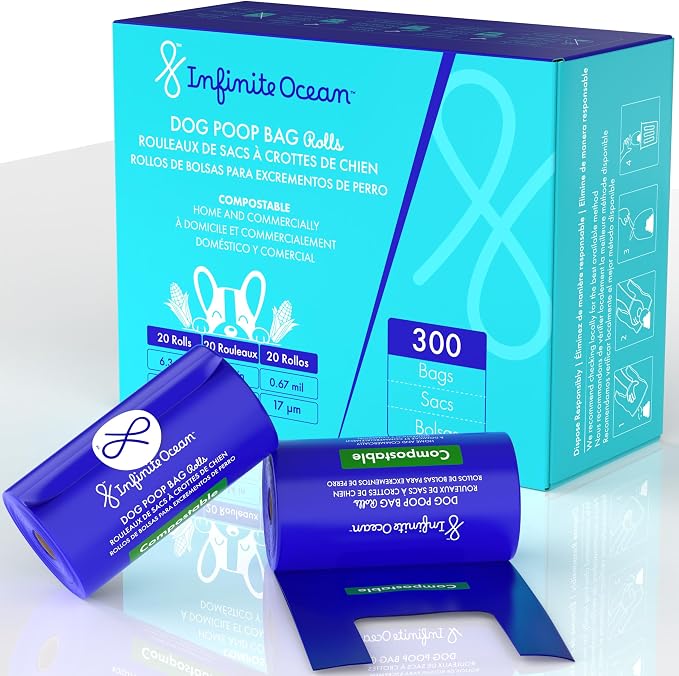Certified Home Compostable Dog Poop Bag Rolls, 300 Tie-Handle & Gusseted, Leak-Proof, Odor-Proof Bags, Thick Blue Refill Rolls, Unscented