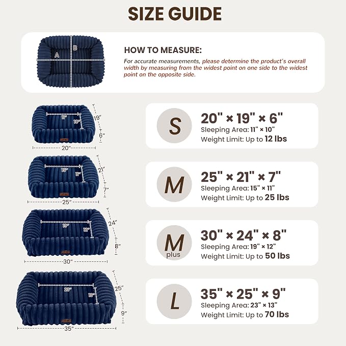 Washable Dog Bed Small Medium Size Dog, Rectangle Orthopedic Pet Bed for Car and Indoor,Fluffy Memory Foam Dog Beds with Anti-Slip Bottom,25 x21 x8 Inches,Navy
