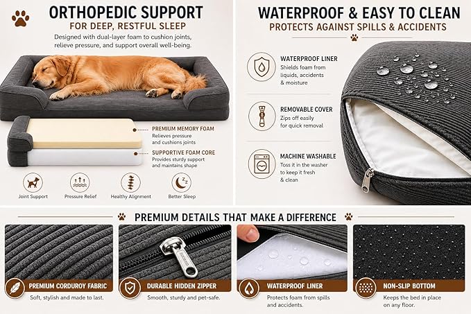 Gray Corduroy Orthopedic Dog Bed with Bolster – Memory Foam, Washable Removable Cover, Non-Slip Bottom (Medium)