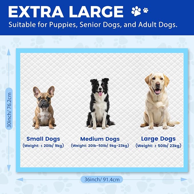 50 Count Extra Large Dog Pee Pads 30" x 36", Super Absorbent & Leak-Proof Large Puppy Pads Fast-Drying, 50 Pack XXL Potty Pee Pads for Dogs, Puppies, Doggy
