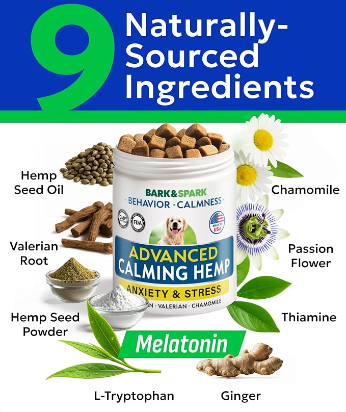 BARK&SPARK Advanced Calming Hemp Treats for Dogs - Hemp Oil + Melatonin - Anxiety Relief - Separation Aid - Stress Relief During Fireworks, Storms, Thunder - Aggressive Behavior, Barking - 180 Chews