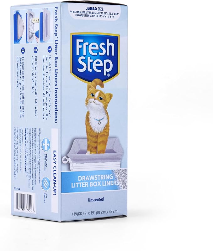 Fresh Step Jumbo Drawstring Cat Litter Box Liners Unscented Heavy Duty Kitty Litter Bags for X-Large Oval or Rectangle Pans Helps Contain Mess Easy Lift Out Cleanup 36 x 19 IN 7 Count Single Box