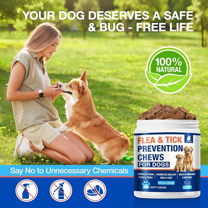 Natural Flea and Tick Prevention for Dogs Chewables, 180 Cts, Oral Flea Pills for Dogs, Dog Flea and Tick Treatment, Skin & Coat Support Supplement