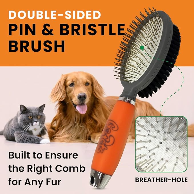 GoPets Double-Sided Pin & Bristle Brush – Grooming Tool for Dogs & Cats for Detangling, Shedding Control, Slicker Brush for Long-Haired Pets, Fur Removal for Healthy Coat, Ergonomic Handle