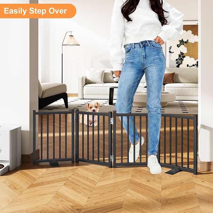 Snughome Short Dog Gate Indoor, 16" High Freestanding Small Dog Door Gate with Support Feet, Expands Up to 48’’ Wide Foldable Pet Gates for Doorway, 4 Panel Folding Pet Door Pet Fence for Puppy, Black