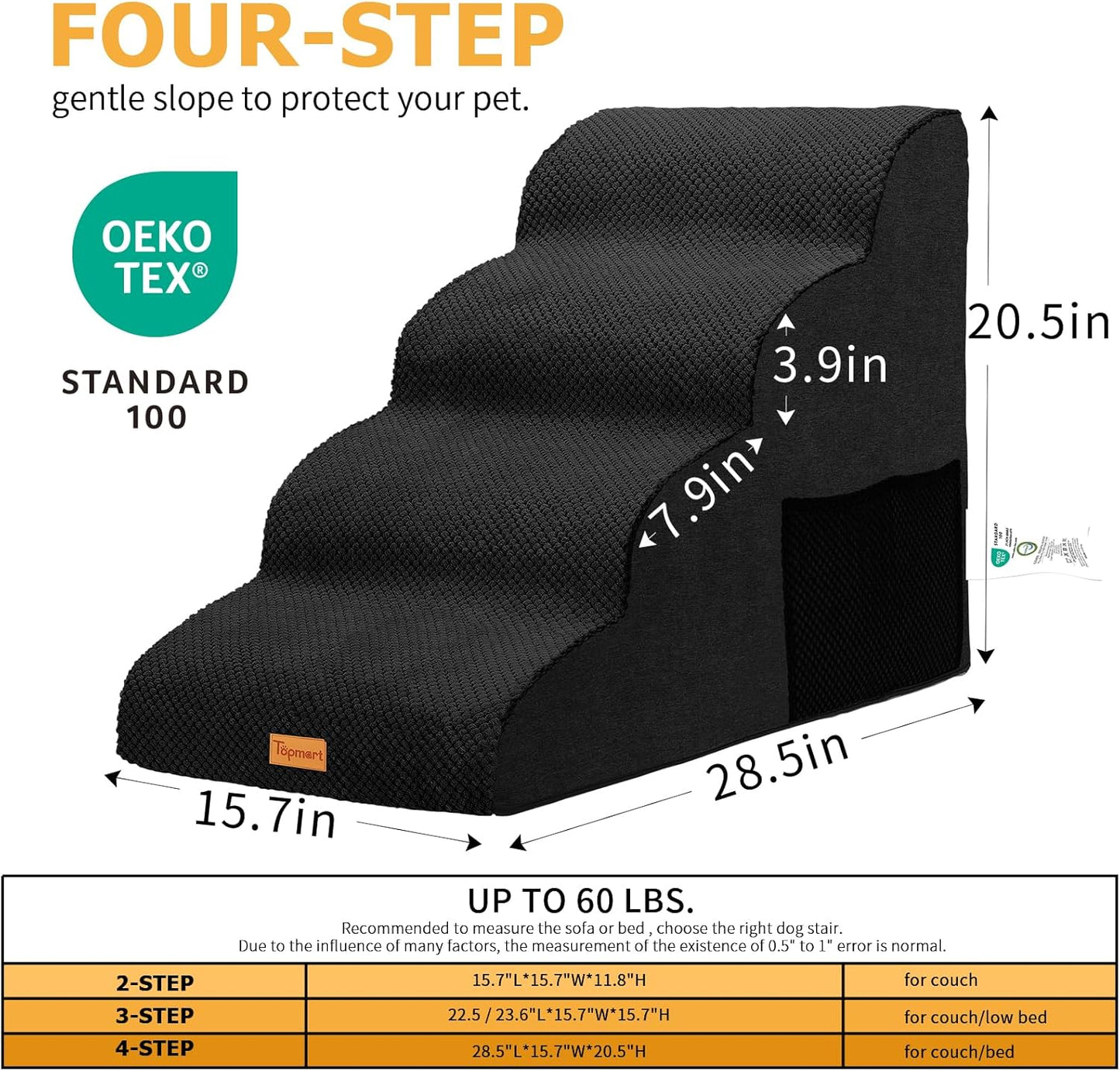 Topmart High Density Foam Dog Steps 4 Tiers,Extra Wide Deep Pet Steps,Non-Slip Dog Stairs Ramp for Bed,Soft Foam Cat Ladder,Best for Older Injured,Older Pets,Cats with Joint Pain