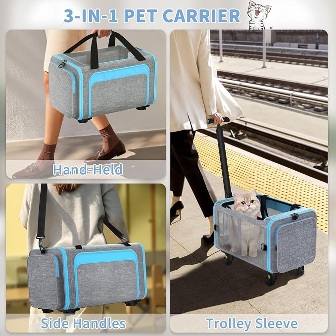 Rolling Pet Carrier with Detachable Wheels - 18x11x11 TSA Airline Approved for Southwest Delta United American, Soft Sided Expandable Travel Bag for Small Dogs & Cats up to 15Lbs, Fits Under Seat