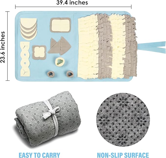 Snuffle Mat for Dogs: Slow Food Interactive Experience - 7 Enrichment Foraging Games for Large Dog Owners Needing to Burn Pet Energy - Washable 1000 Times - 22x38 inch - Blue