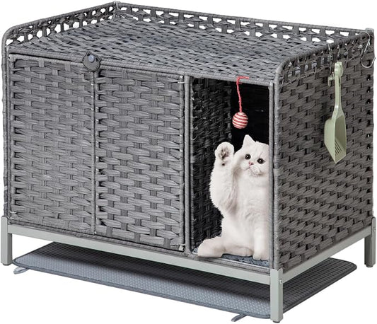 SETVSON Cat Litter Box Enclosure Furniture with Divider, Handwoven Rattan Litter Box with Mat, 31.2 x 19.6 x 24.2 Inches, Metal Heightened Feet, Hidden Cat House for Living Room, Bedroom (Gray)