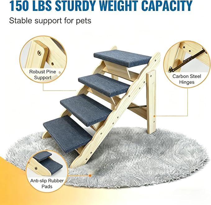 Wooden Dog Stairs, 2-in-1 Floded Flat Design Dog Steps for Beds Cars Couch, Anti-Slip Pet Ramp with 4 Steps, Indoor Pet Stairs for Small Medium Large Pet, up to 150 lbs