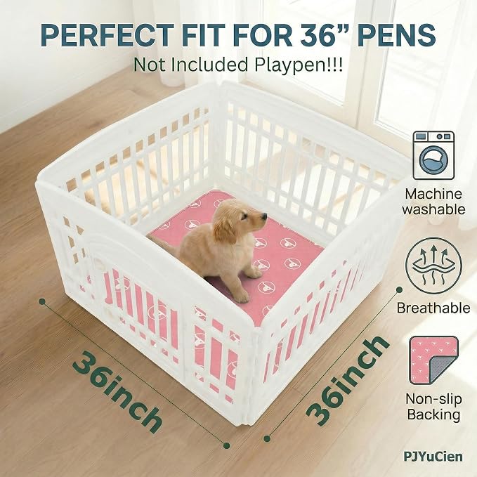 PJYuCien Non-Slip 36"x36" Pet Playpen Mat with 3-Layer Comfort, Reusable and Washable Training Crate Pad, Travel Mat and Sofa Protector for Puppies, Dogs, Cats, Rabbits, and Small Animals, Pink